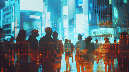 Obraz premium Crowd of businesspeople standing on blurry city wallpaper with forex chart. Trade and finance concept. Double exposure.