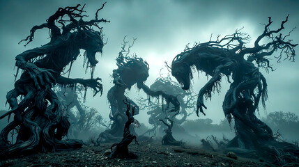 Haunted spooky forest with tree like ents haunting the misty atmospheric woodland, dark mystical fantasy, creepy sinister creatures of the deep woods