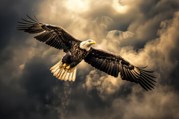Fototapeta premium An eagle soaring in the sky with its wings spread wide and an American flag behind it, with clouds and mist in the background.
