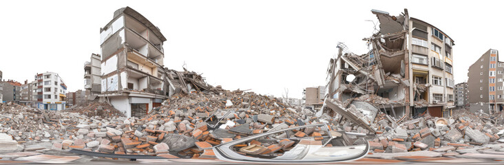 An isolated depiction of buildings and debris after an earthquake on a transparent background, with minimal errors.