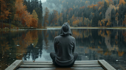 A young woman sitting on a wooden dock at a lake in autumn, enjoying the view of the forest and calm water, wearing a sweater with a hood.