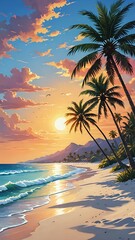 Beautiful beach view with sunset or sunrise with several coconut trees 