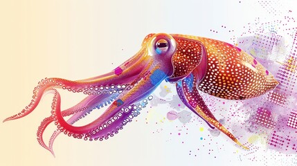 Vibrant Digital Illustration of a Colorful Squid with Abstract Patterns and Gradient Background