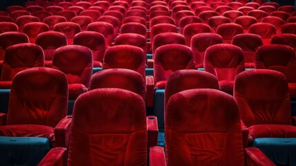Obraz premium Close up of rows of red theatre seats at a cinema hall, front view. Generative AI