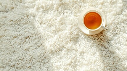 Closeup cup with spilled tea on the white carpet surface, top view angle. Generative AI