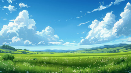 Obraz premium Green Hills and Fields Under a Blue Sky with White Clouds, Cartoon Landscape, Flat Style, High Detail, High Quality, Scenic Summer or Spring Countryside