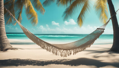 Low-angle shot of a hammock swaying gently between two palm trees on a tropical beach, overlooking the turquoise ocean.