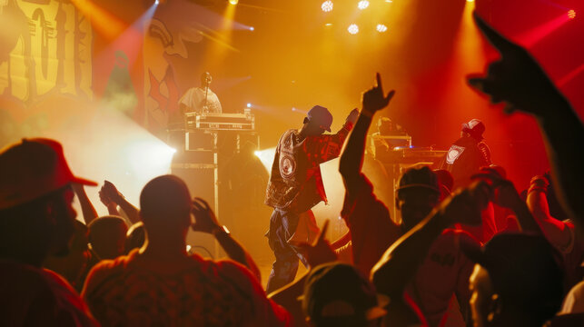 A rapper energizes the concert crowd under vibrant stage lights, creating an atmosphere of intense excitement and musical celebration.