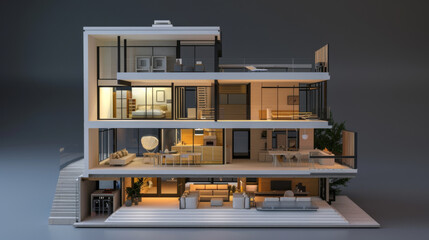 A meticulously designed modern house model showcases sleek, open living spaces, minimalist décor, and strategic lighting in a striking architectural layout.