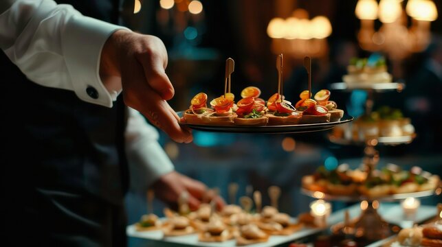 Closeup waiter serving finger food dessert on the tray during a cocktail parties or events catering. Generative AI