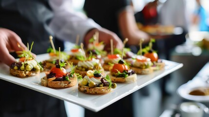 Closeup waiter serving finger food dessert on the tray during a cocktail parties or events catering. Generative AI