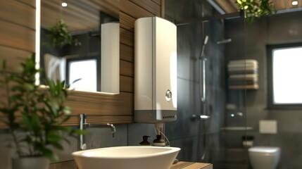 Fototapeta premium Closeup water heater in a modern bathroom with mirror and washbasin sink. Generative AI