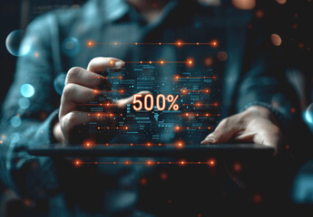 Man using tablet with floating web page for online shopping digital display with 50 percent increase and arrow up icon businessman utilizing laptop or smartphone for global network transaction