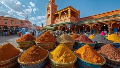 A vibrant market scene in Marrakech, with colorful spices piled high, bustling crowds, and intricate architecture in the background