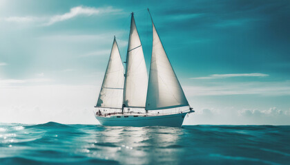 Low-angle shot of a majestic sailboat with white sails billowing in the wind, cruising across a calm turquoise sea.