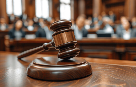 Judge gavel on table in courtroom background people blurred law trial justice magistrate supreme court civil case hearing