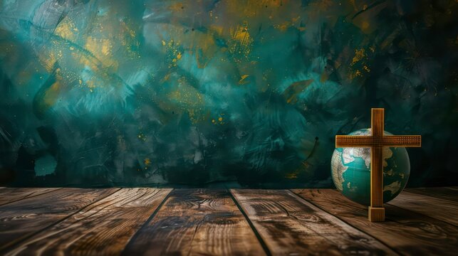 Conceptual image with christian cross and earth globe on wooden floor. Generative AI