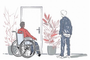 a wheelchair and another person standing next to a door