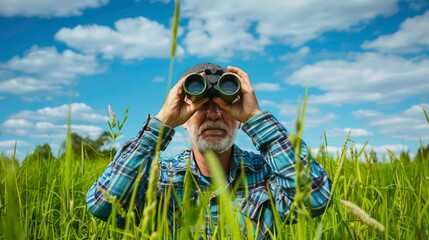 Curios man looking through the binoculars among green field. Generative AI