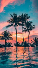 Tropical beach resort with palm trees at sunset, serene view. Luxury travel and vacation concept