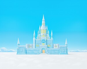 Obraz premium A majestic, white ice castle stands tall against a bright blue sky. The castle features intricate details and a grand entrance.