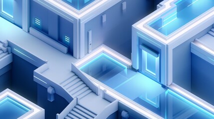 Detailed 3D isometric model of a futuristic science and technology hall, blue background, intricate layout, advanced and innovative atmosphere