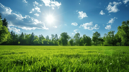 Obraz premium Impressionist Spring Landscape with Green Grass Meadow Blue Sky Trees Bright Sunny Day Neatly Trimmed Lawn Clouds Background