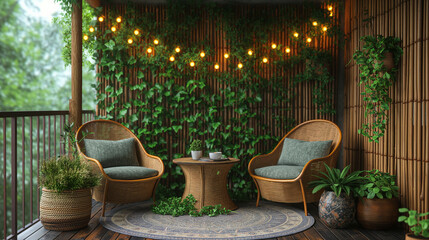 A cozy small balcony photographed in daylight, with a table attached to the railing, two small chairs with cushions. Fairy lights draped along the railing. A wooden plant climber against the wall, lus