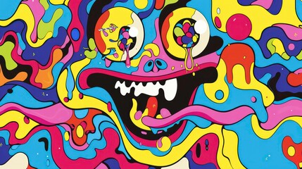 Obraz premium Experience the whimsical delight of a vibrant psychedelic pattern featuring a melting smiling and colorful cartoon face This retro inspired design exudes a playful charm with its dr