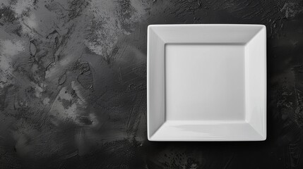 Elegantly set white square plates, minimalist design, dark background, simple yet refined presentation, stylish and sophisticated
