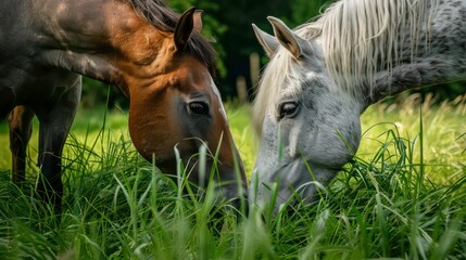 Naklejka premium Feeding farm horses fresh grass. Generative AI