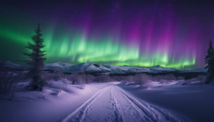 The aurora borealis dancing across the night sky, shimmering ribbons of green and purple illuminating a snow-covered landscape.