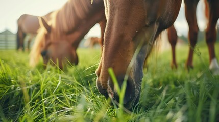 Feeding farm horses fresh grass. Generative AI