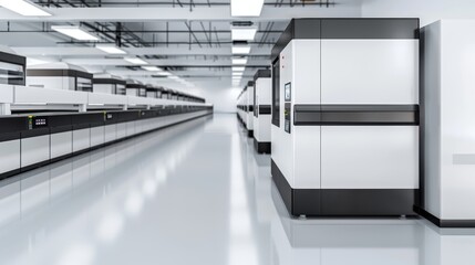 Obraz premium Minimalist digital printing factory, colorful inkjet printers at work, detailed and sleek machinery, bright and modern, efficient design