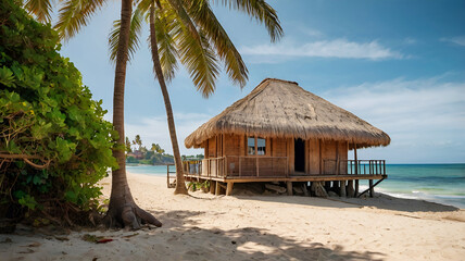 A house on a beach with a thatched roof and palm tree travel background. Ai generative