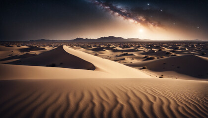 Wide shot of a vast desert landscape, featuring towering sand dunes sculpted by the wind, under a dramatic starry night sky.