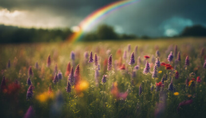 Wide shot of a vast field of wildflowers swaying gently in the summer breeze, with a vibrant rainbow arcing across the sky.