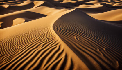 Windswept sand dunes sculpted by the desert breeze, their undulating curves casting long shadows in the golden light of dawn.