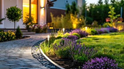 Modern gardening landscaping design details. Illuminated pathway in front of residential house. Landscape garden with ambient lighting system installation highlighting flowers plants