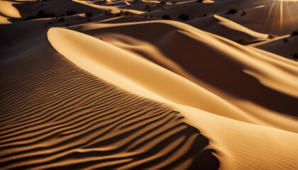 Windswept sand dunes sculpted by the desert breeze, their undulating curves casting long shadows in the golden light of dawn.