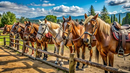 saddled horses on the farm before the ride