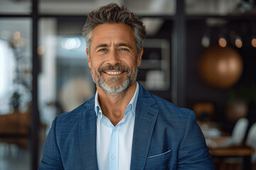 Obraz premium Confident Senior Businessman in Blue Suit Smiling in Office