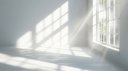 realistic minimalist window light shadows on white wall interior detailed cinematic lighting for product presentation