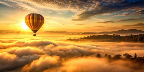 Hot air balloon floating in golden dawn sky above mist-shrouded landscape, hot air balloon, floating, golden, dawn, sky