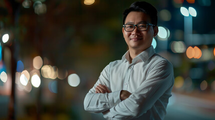Fototapeta premium A young man in a white shirt stands confidently outdoors at night, arms crossed, with a bokeh-filled background of city lights.