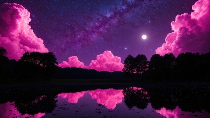 A starry purple night sky with huge pink clouds taking up most of the scenecanvas with afar bright...