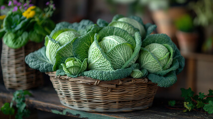 Cinematic still life photography of a basket of cabbages on dark wooden table, warm movie lighting, high quality photo, vibrant colors.