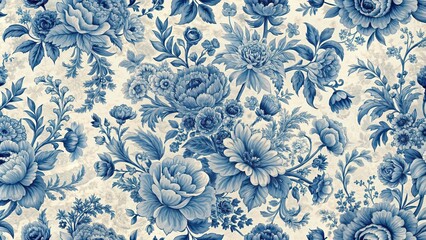 Vintage French floral toile blue pattern featuring intricate floral motifs in a traditional French toile design, vintage, French