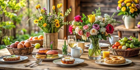 Festive table decor with flowers and rustic brunch setting, festive, table, decor, flowers, brunch, rustic, style