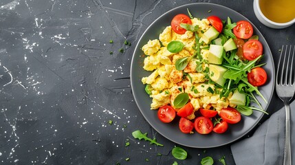 Modern plate of scrambled eggs, fresh greens, avocado, diced tomatoes, healthy breakfast setup, isolated background, studio lighting, advertising-ready